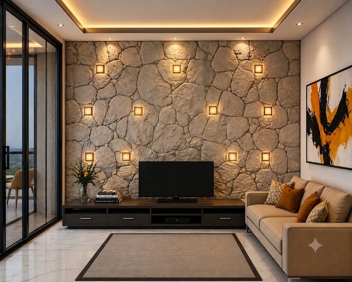 Tadilat sonrası modern salon: aydınlatmalı taş kaplama duvar, TV ünitesi ve yeni dekorasyon